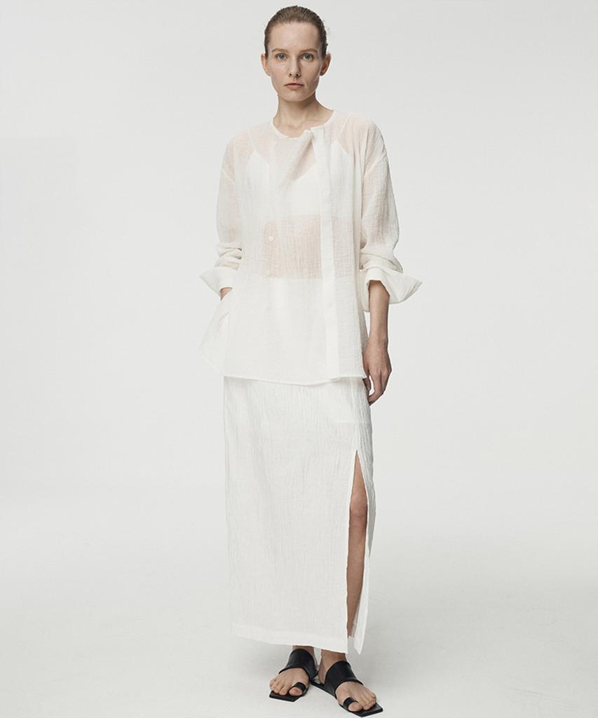 Umamung Japanese Crinkled Linen Side Slit Maxi Skirt_Pearl