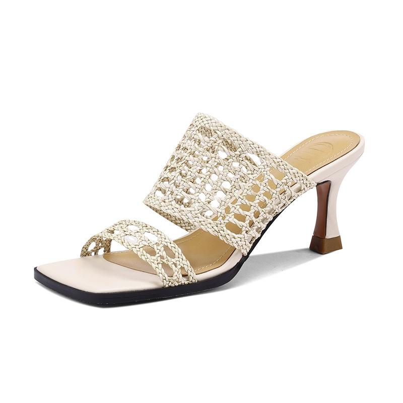 Fashion Women's New Summer Retro Square Headed Hollow Knitted Genuine Leather Sheepskin Open Toe High Heel Large Sandals