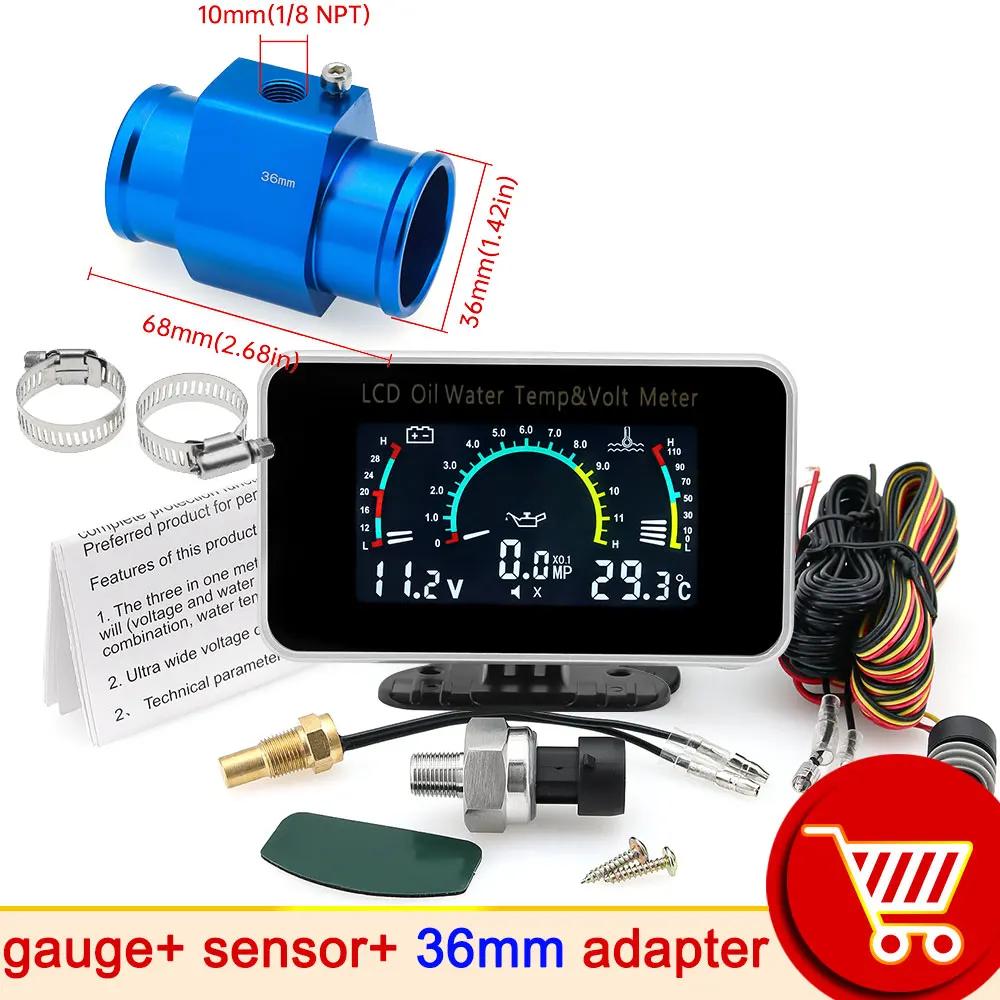 AD 3 In 1 LCD Automobile Digital Water Temperature Gauge Oil Pressure Gauge Voltmeter Water Temperature Sensor Adapter for Car