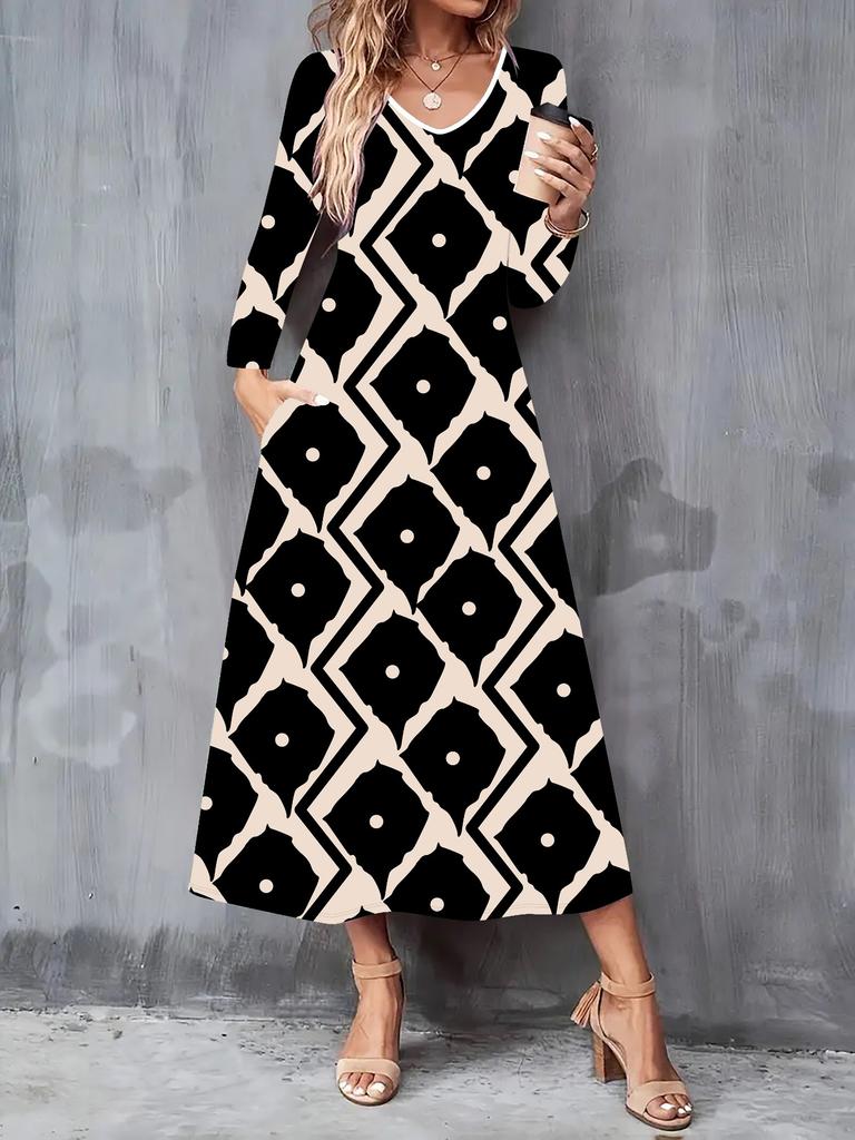 2025 Autumn and Winter New Women Casual Fashion Dress 3D Retro Totem Print Long Sleeve V-Neck A-Line Dresses