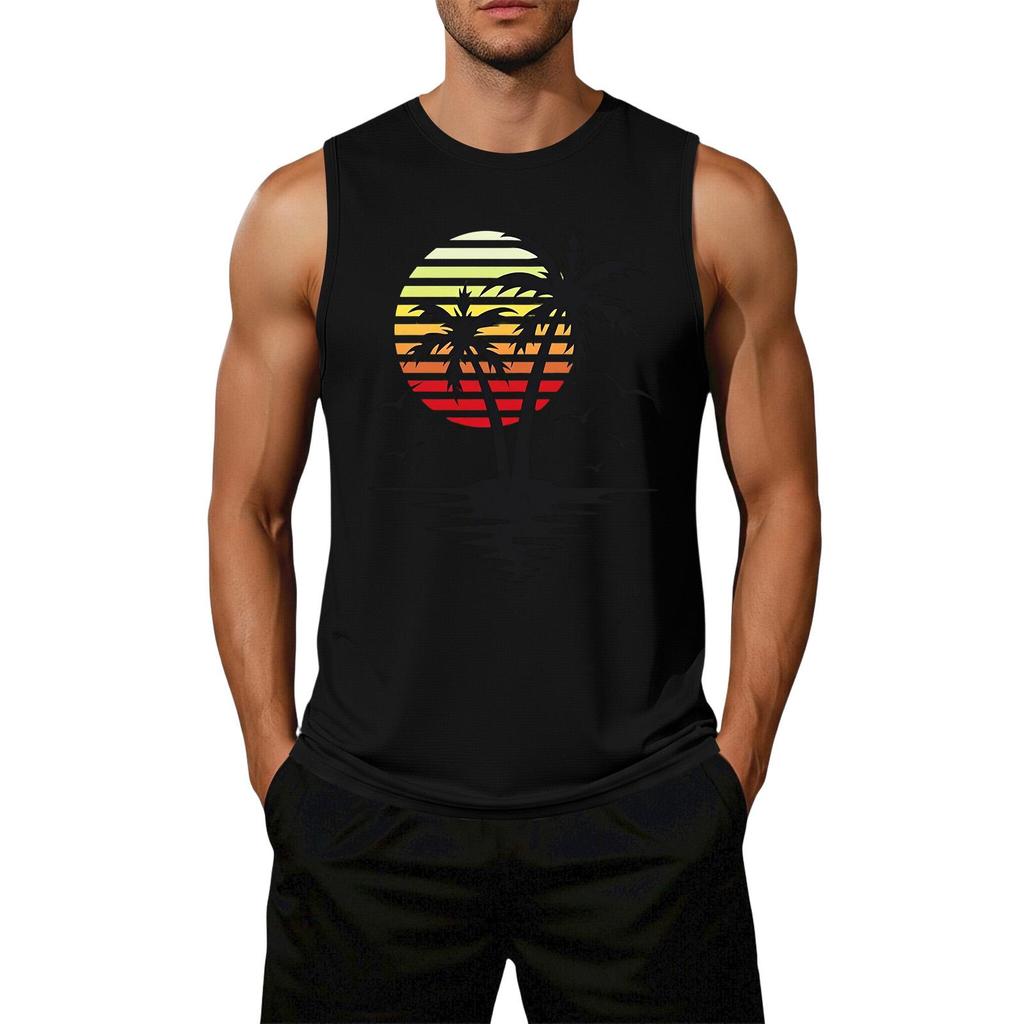Men's Loose Fit Casual Sleeveless Tank Top Palm Tree Graphic Print Summer Beachwear Muscle Shirt