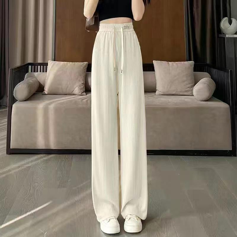 Women's Elastic Waist Wide Leg Pants Straight Leg Trousers Ribbed Ice Silk Casual Pants