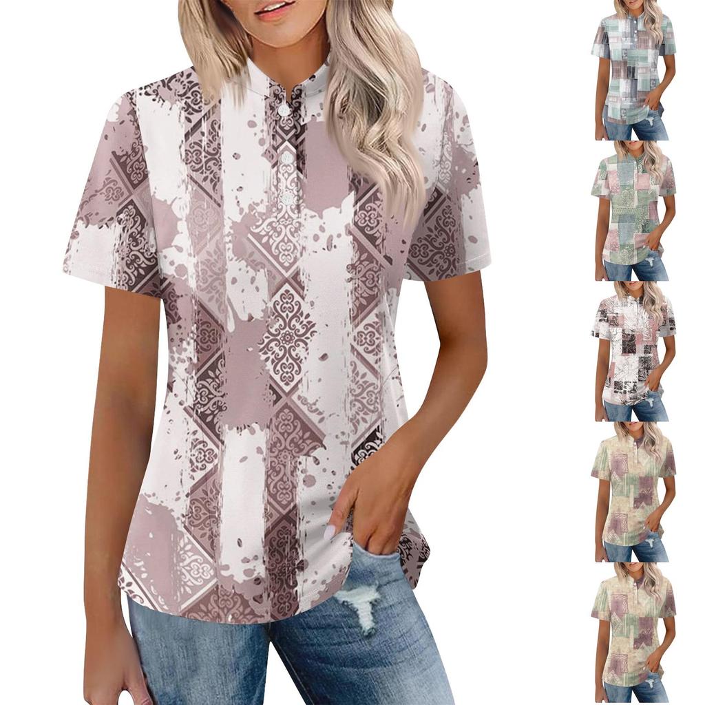 Women Casual Polo Shirt Short Sleeve Loose Fit Button Up Neck Lightweight Comfortable Top for Everyday Wear