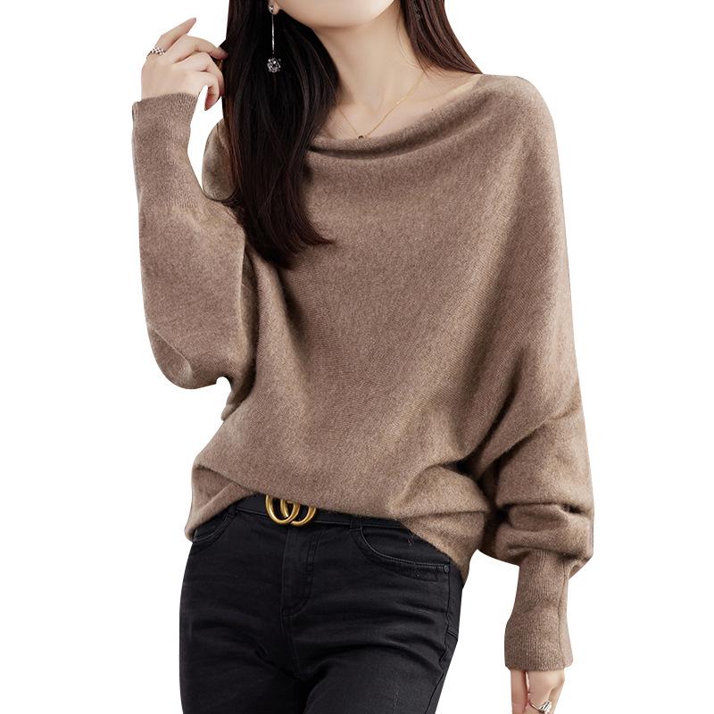 Trendy Batwing Sleeve Wool Sweater: Loose Wide Neck Knit Pullover for Women
