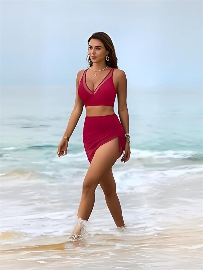 2026 European High-Waisted Slimming Two-Piece Women's Swimsuit in Solid Color
