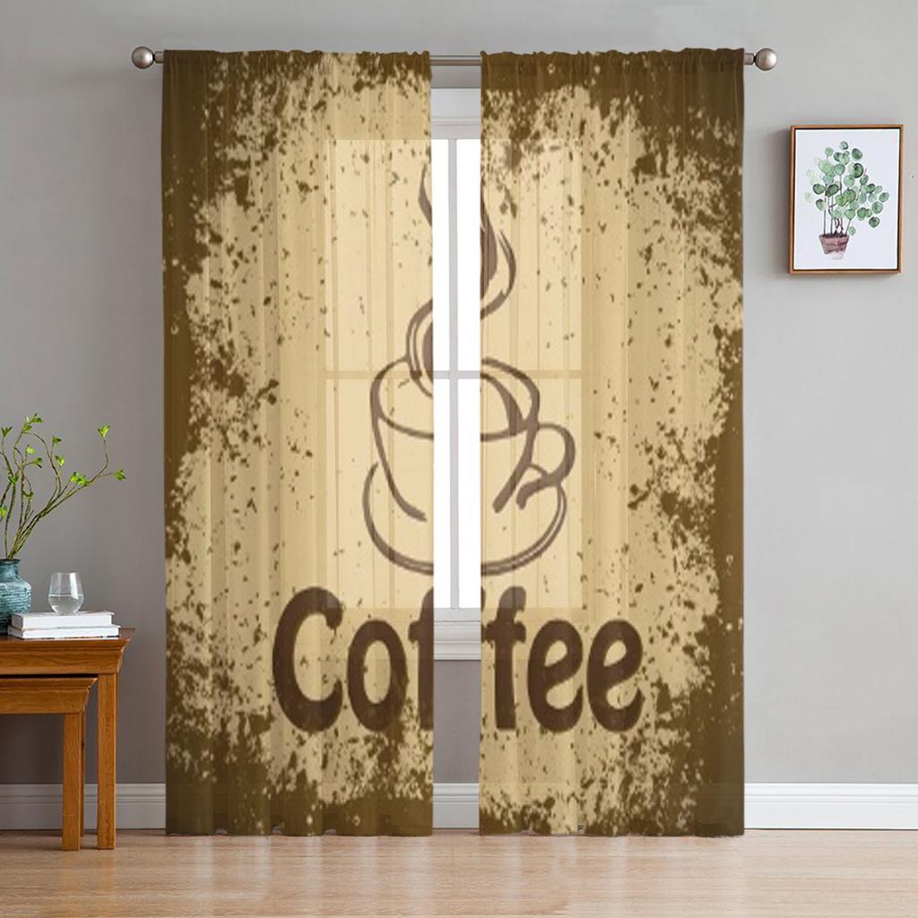 Vintage Coffee Sheer Curtains for Living Room Transparent Tulle Window Treatments Bedroom Kitchen Home Decor Veil Drapes