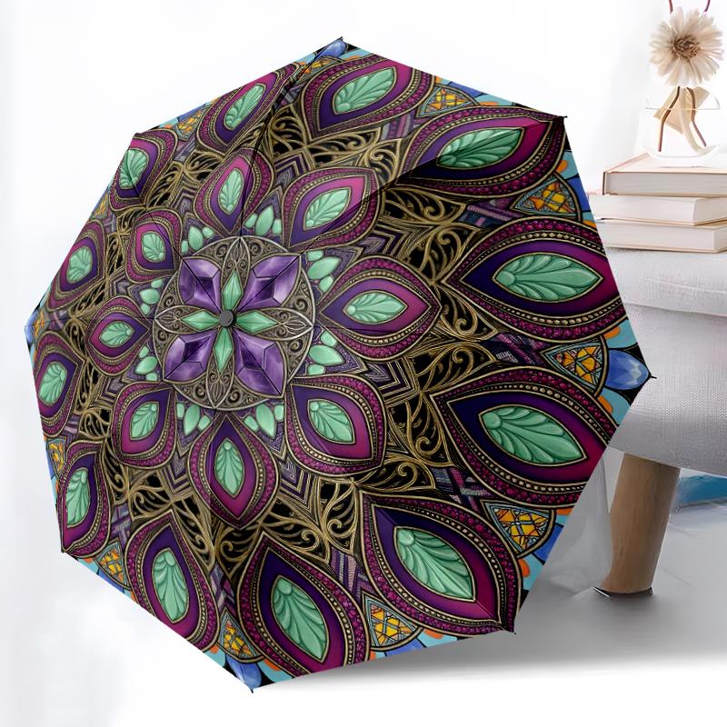 

1pc Sturdy 8-Bone Auto Umbrella, Deep Marine Mandala Umbrella, Digital Printed, Foldable Umbrella for On-the-Go Outdoor Use
