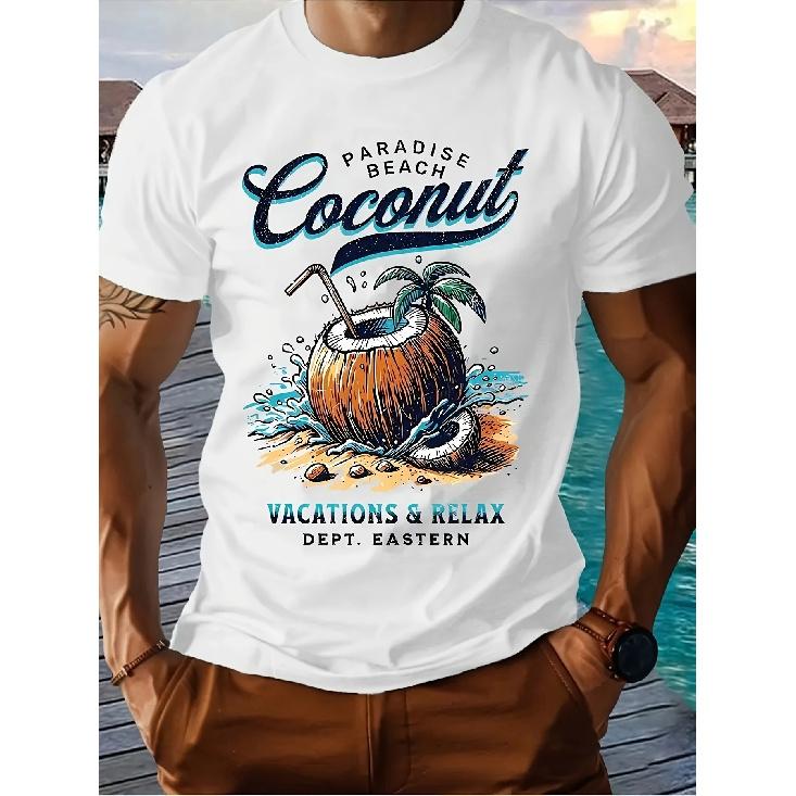 Men'S Summer Tee with Coconut Design - Short Sleeve Round Neck Shirt Featuring Palm Print, Lightweight Casual Top for Outdoor Fun, Holidays &