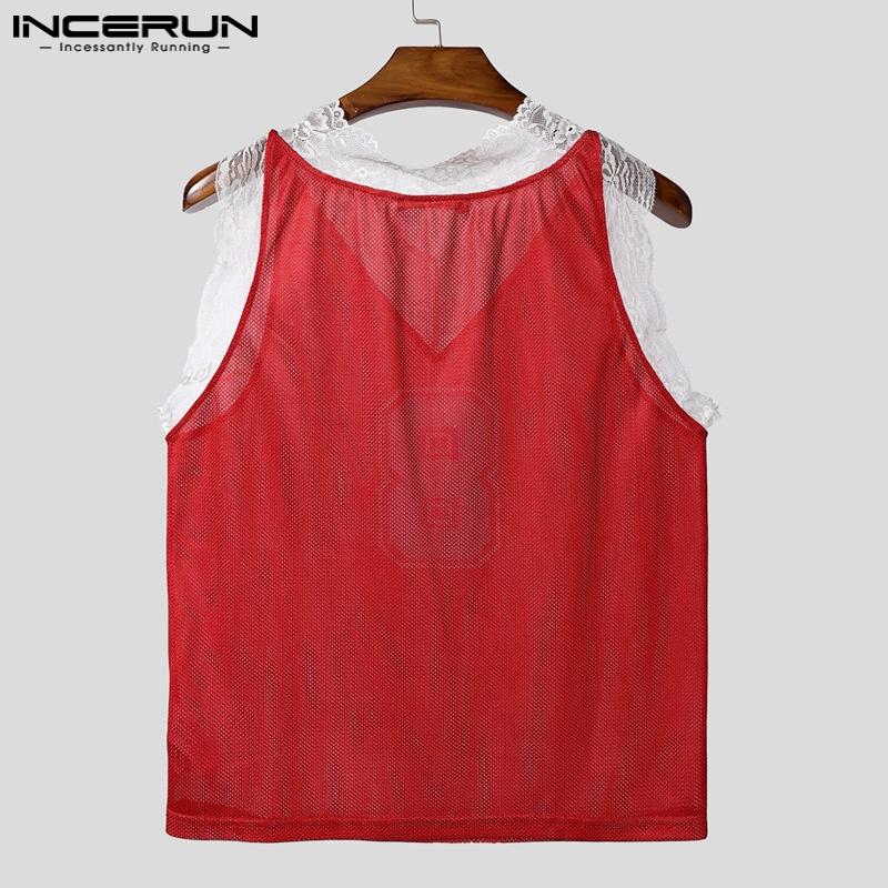 INCERUN Men Lace V Neck Sleeveless Letter Print Hollow Out Casual Tank Tops