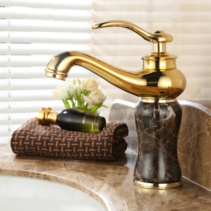 Gold Faucet Wall Mount Bathroom Washbasin Sink Faucet Brass Jade Crystal Cold Hot Mixer Taps Torneira ZR251