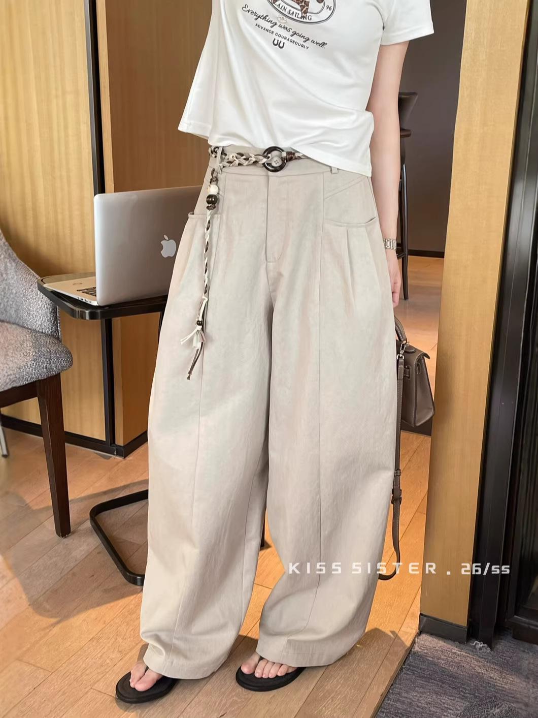 

Versatile Lightweight Breathable Wide-Leg Slimming Casual Pants with Waist Rope Medium темно-синий