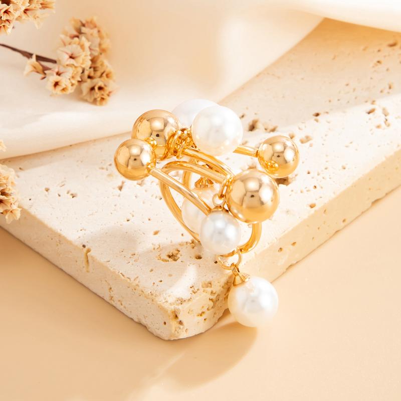 Trendy Metal Beaded Ball Pearl Rings For Women Unique Exaggerated Party Jewelry Gift Finger Accessories