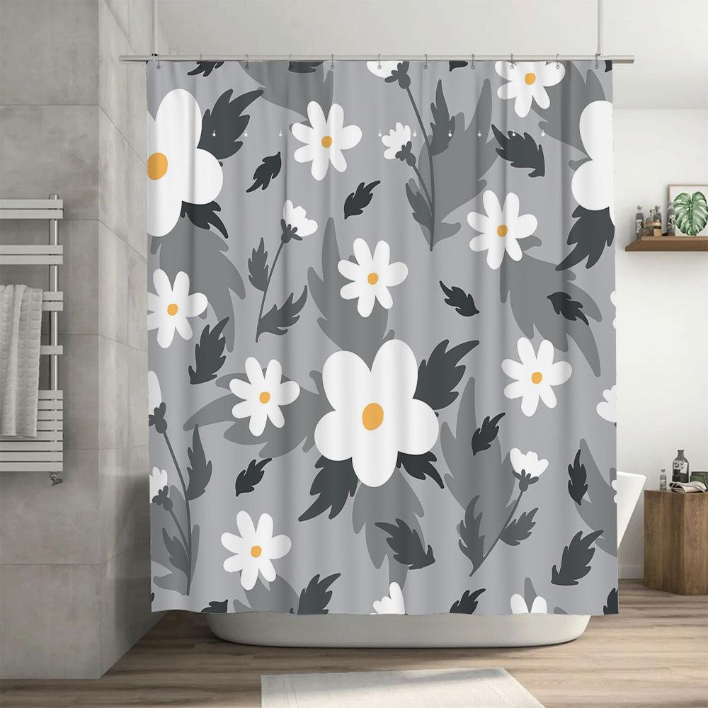 Juego de Cortina de Ducha de Flores Blancas Modernas para Decoración de Baño Tejido Impermeable Alfombrilla de Baño Revestimiento con Anillas de Gancho en Varios Tamaños