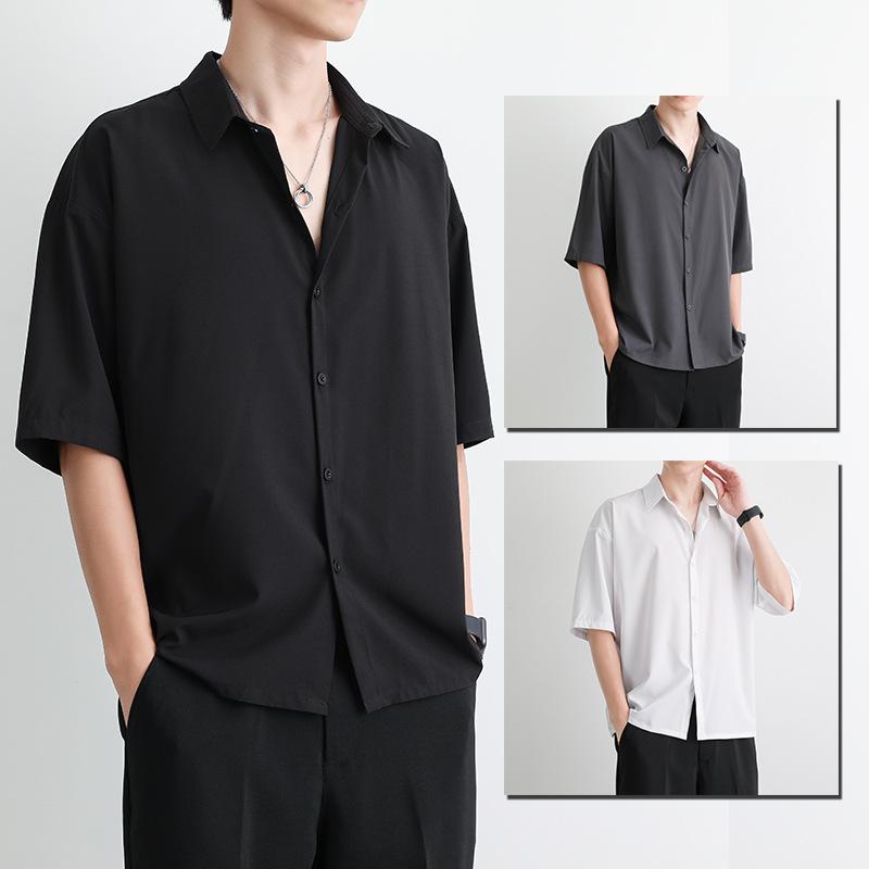 Summer Ice Silk Short -Sleeved Shirt Men 'S Loose Thin Solid Color Shirt Casual Shirt