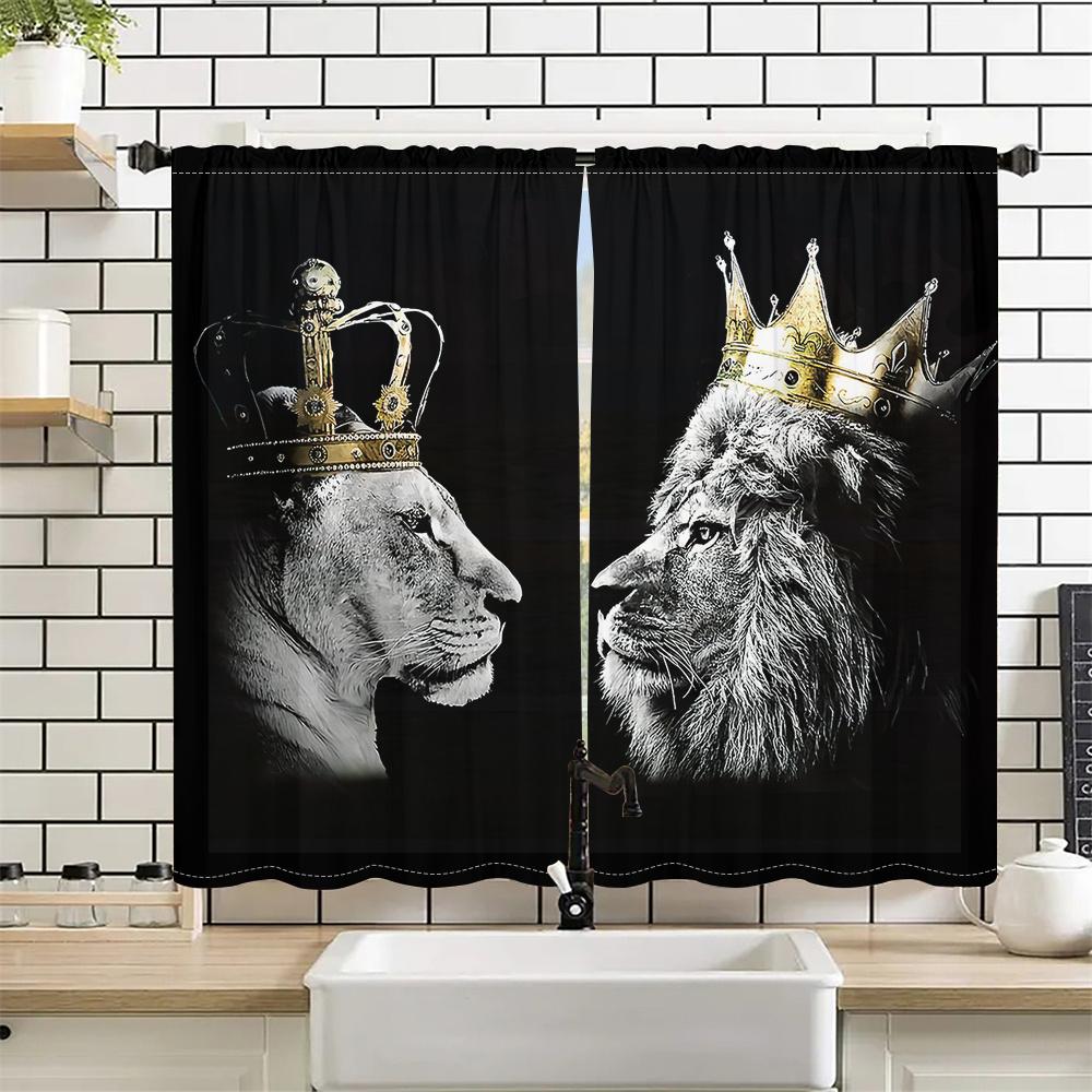 2Pcs Royal Lion Curtains Black White Gold Crown Animal Pattern Living Room Bedroom Study Sunshade Modern Art Decor Curtains
