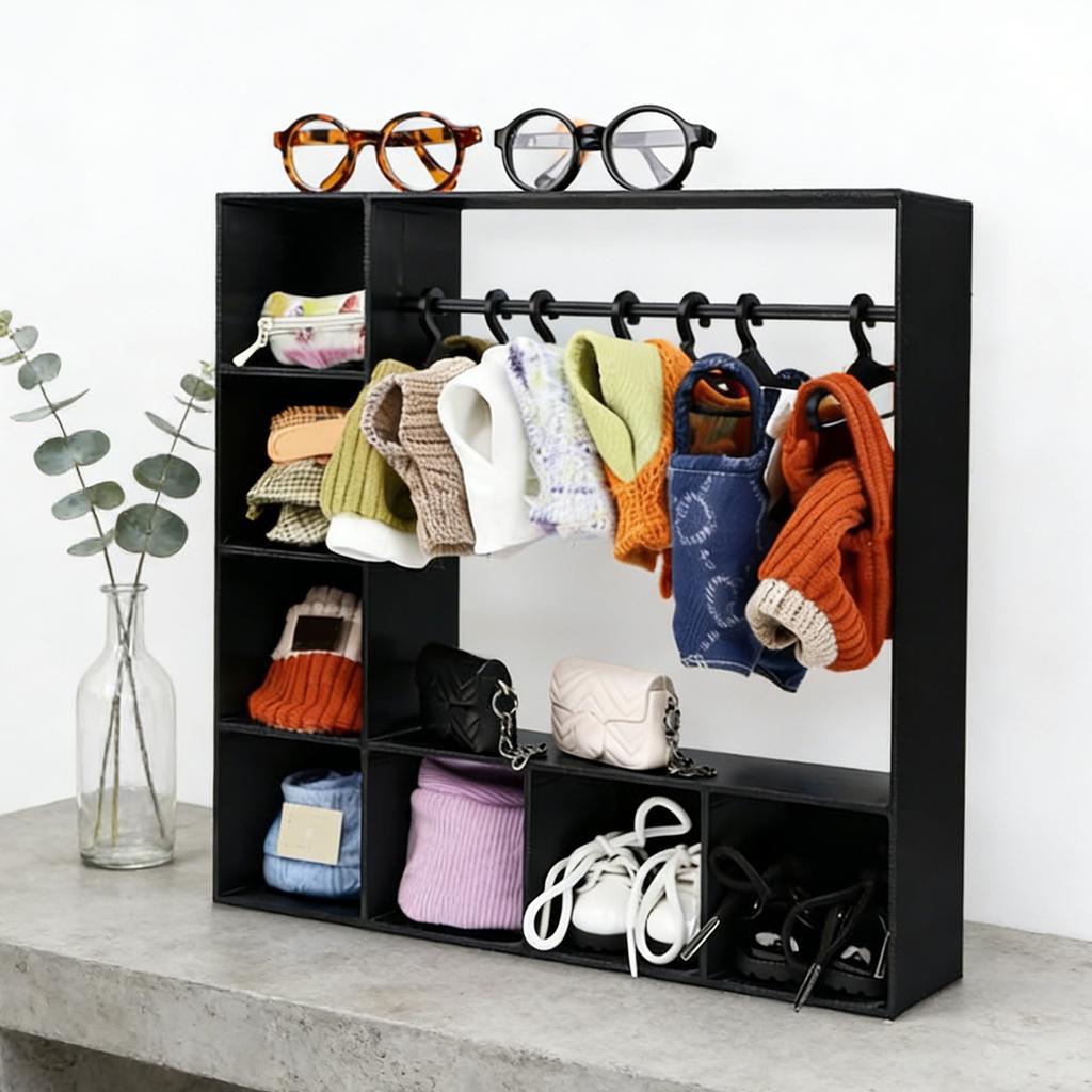 Doll Clothes Closet Wardrobe with 10 Hangers Doll Accessories Display Box Figures Clothing Storage Cabinet