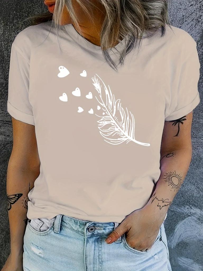 Blue Feather & Hearts Women's Tee - Delicate Graphic, Soft Romantic Print for Casual Daily Wear