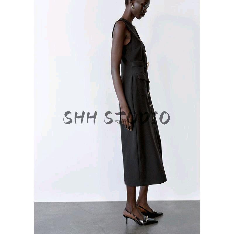 Spring New Women's Clothing Breasted Decoration with Belt Crepe Sleeveless round Neck Midi Skirt Dress 3897054