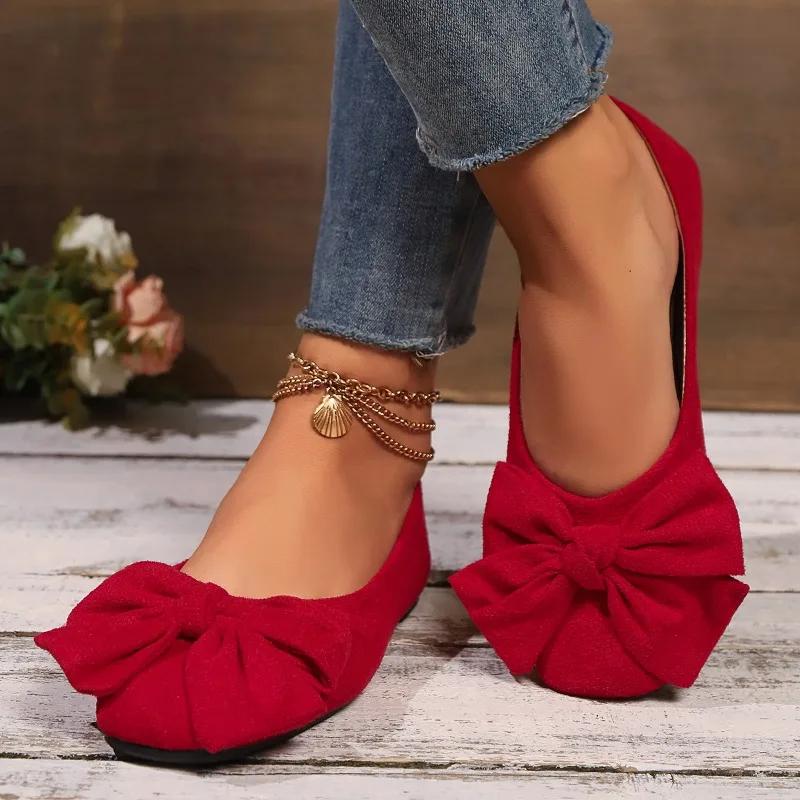 Fashion 2025 Summer New Shallow Flat European and American Single Shoes Women's Plus Size Bow Square Toe