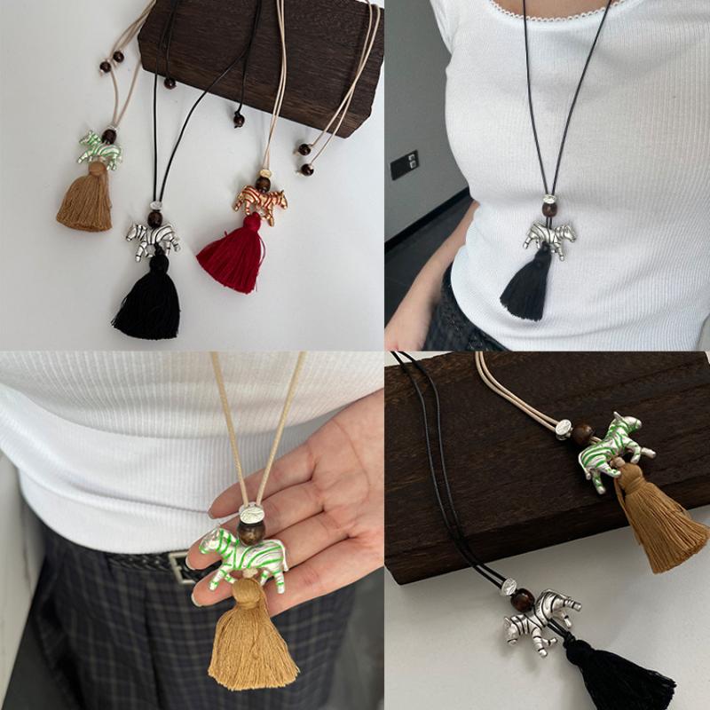 Natural Minimalist Design Zebra Tassel Long Pendant Necklaces For Women  Versatile Adjustable Sweater Chain Jewelry