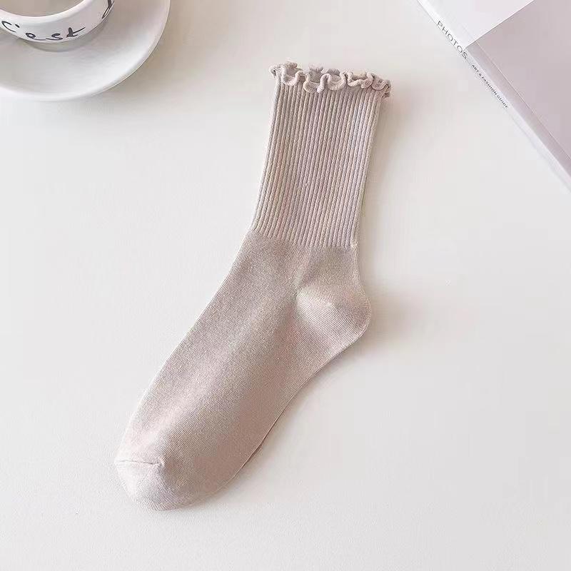 5 Pairs/Lot Ruffled Mid Length Socks Women's Breathable Solid Color Set Spring and Autumn Comfort Sweat-absorbing Girls' Socks