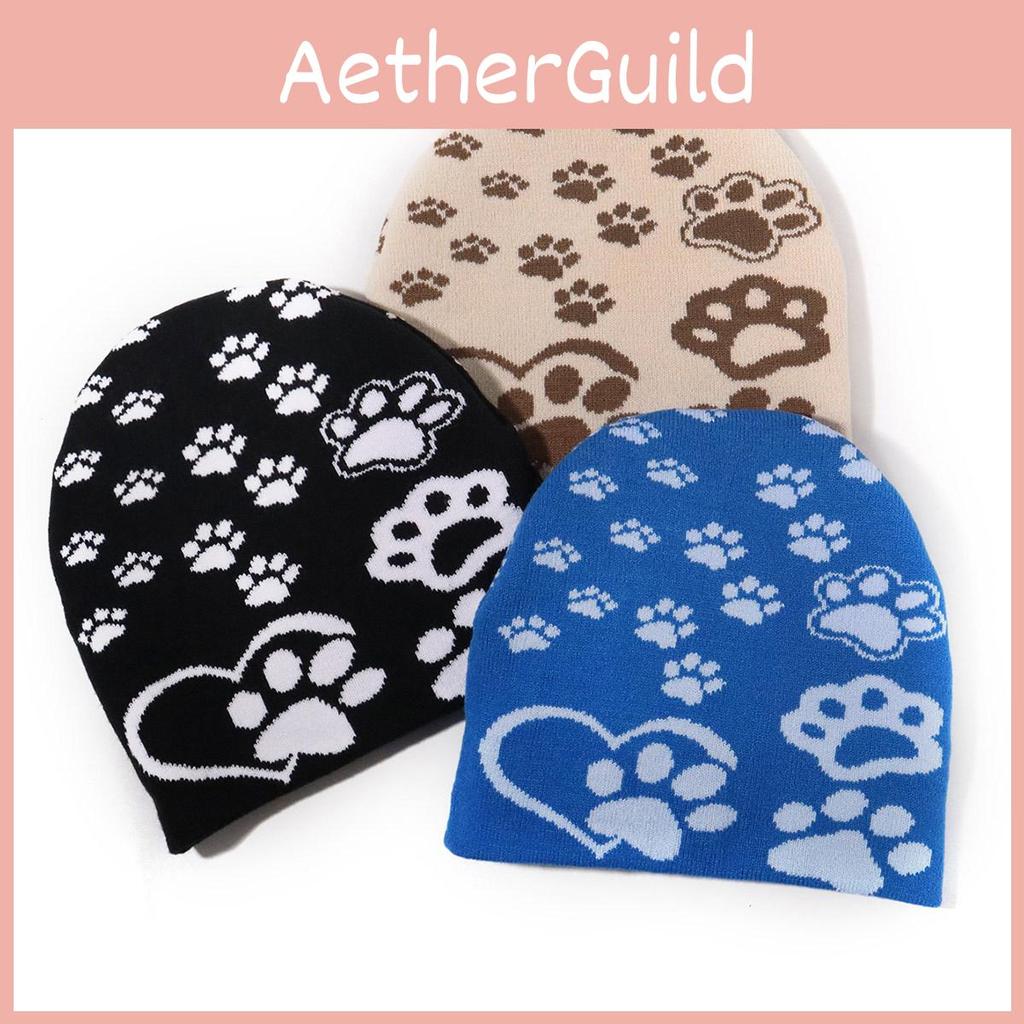 Dog Paw Pattern Knitted Hat With Acrylic Material For Autumn Winter Outdoor Activities