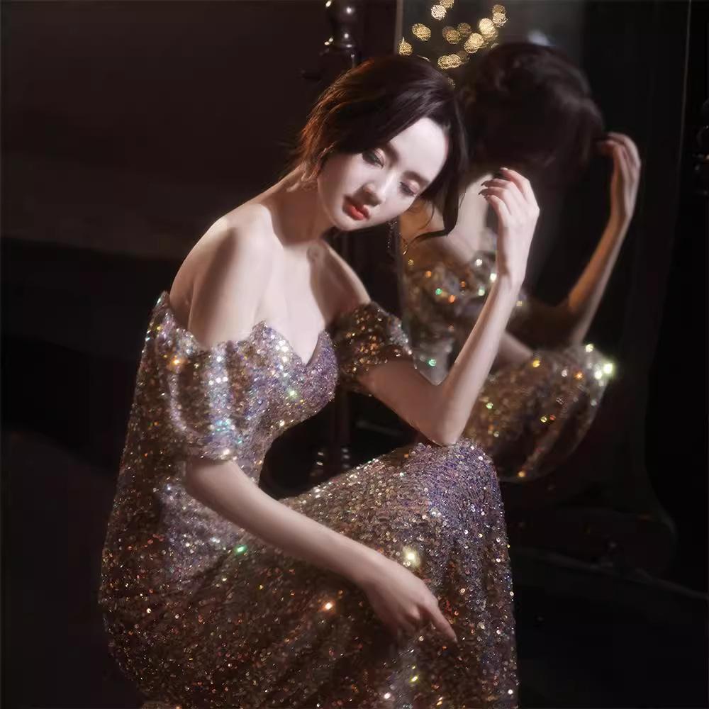 Evening Dress Sequined Style Light Luxury Niche Dress Skirt Female Banquet Temperament Celebrity Sense Host Performance Clothes