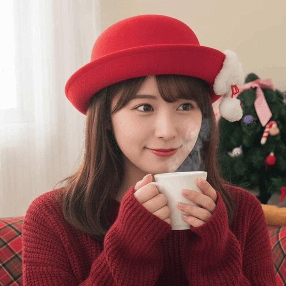 Japanese Style Woolen Bucket Cap Vintage Looking Girls Dome Hat Basin Hat Red Bowler Hats  Autumn