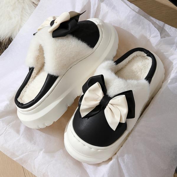 Cotton Slippers Home Autumn and Winter Bow Cotton Shoes Cute Warm Wool Slippers Non-slip Shoes Plush Cotton Mop