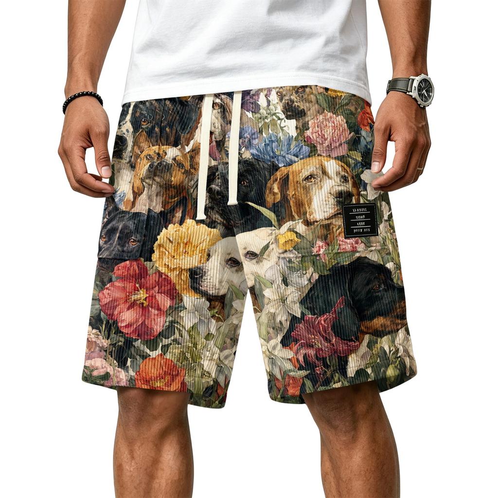 Men's Casual Corduroy Drawstring Shorts Hawaiian Style Floral Dog Print Lightweight Comfortable Fit Summer Beachwear