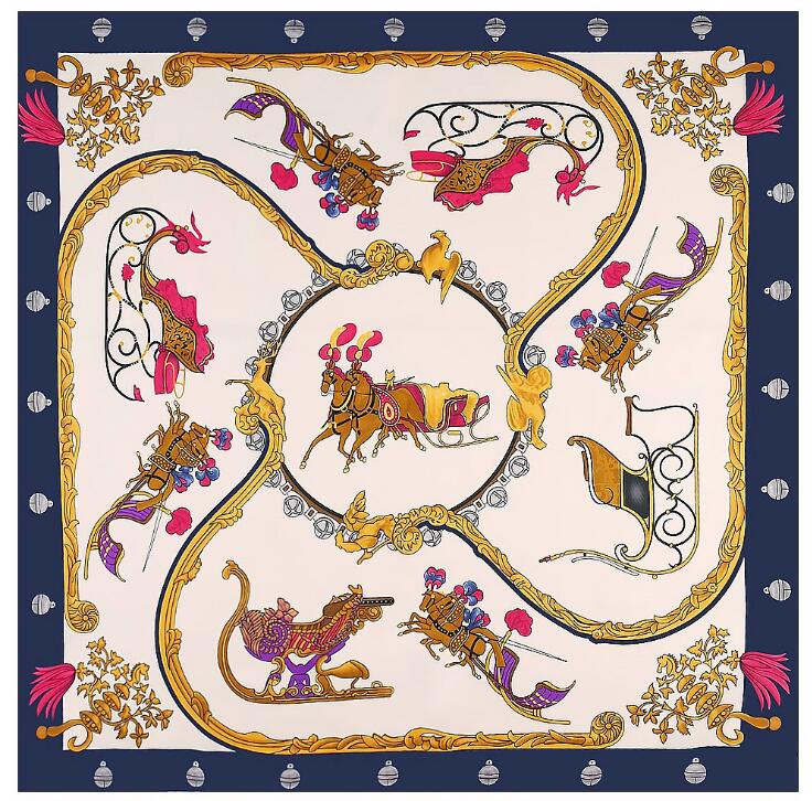 New Silk Scarf Women Large Shawls Horse Carriage Stoles Square Bandana Luxury Kerchief Hijab Scarf Female Foulards 130CM