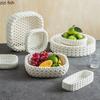 Ceramic Woven Striped Fruit Plate Hollow Fruit Bowl Snack Plate Fruit Basket Draining Rack Storage Tray Decorative Plates Dish