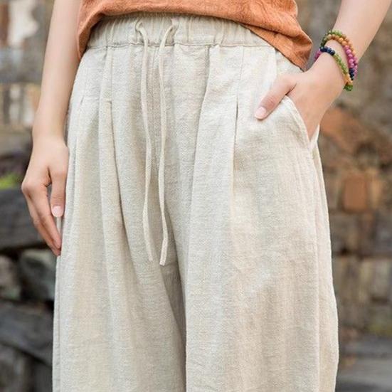 Women Casual Pants Elastic Waist Adjustable Drawstring Solid Color Wide Leg Trousers Solid Color Harem Trousers