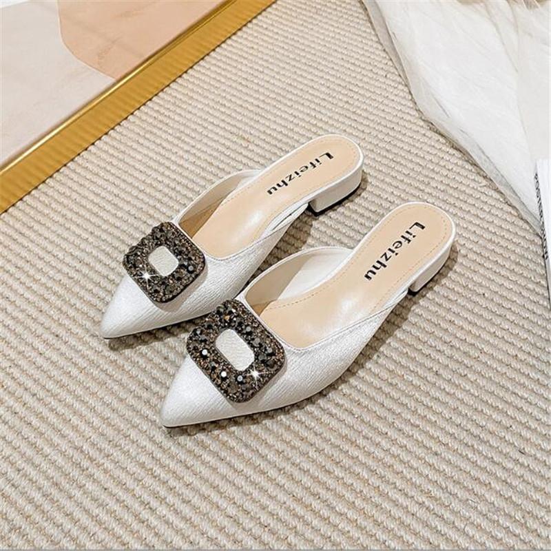 Women Slippers Fashion Rhinestone Sequins Slip On Square Heel Pumps Lady Classic Black Beige High Quality Comfort Summer Shoes