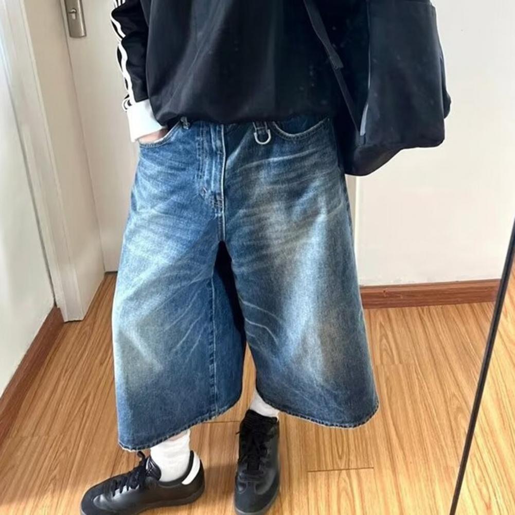 Men Women Denim Shorts Mid-rise Button Zipper Fly Wide Leg Thin Washed Denim Pants Retro Solid Color Short Jeans