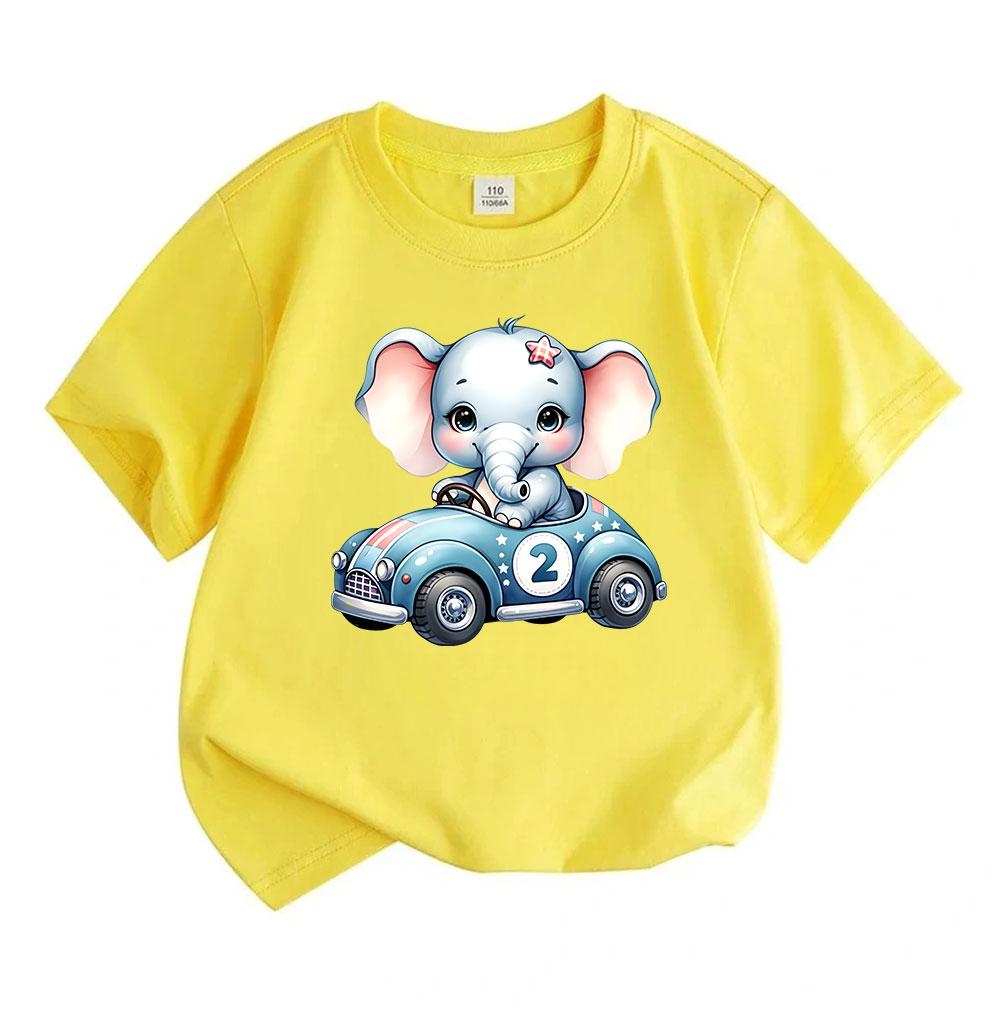 Kids Boys Girls 100% Cotton Crew Neck Short Sleeve T-Shirt, Cute Cartoon Baby Elephant Driving Racing Car Number 2 Print Casual Soft Summer Tee Tops F