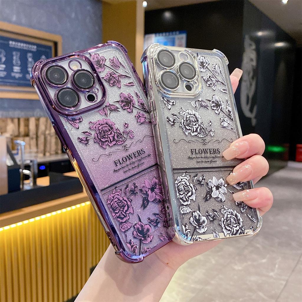 Applicable to Samsung S26 glitter electroplating mobile phone case S25FE retro flower A37 four corners anti-drop A57 lens film soft