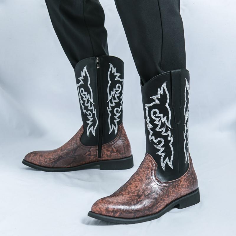Men’s Pointed Toe Embroidered Western Cowboy Boots Casual Retro Dress Leather Men’s  Mid-calf Boots Plus Size