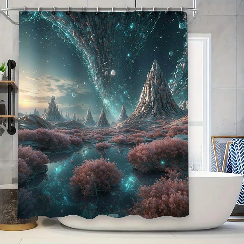 

Fantasy Space Scene Shower Curtain Dark Blue Galaxy Print with Moon Rocks and Asteroids for Bathroom Decoration 90x180cm