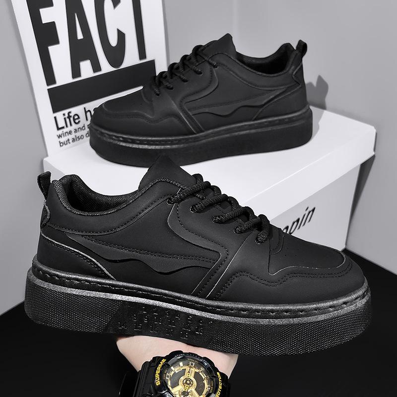 Spring and autumn sports and leisure board shoes leather shoes lightweight soft sole waterproof black solid color trendy shoes low top