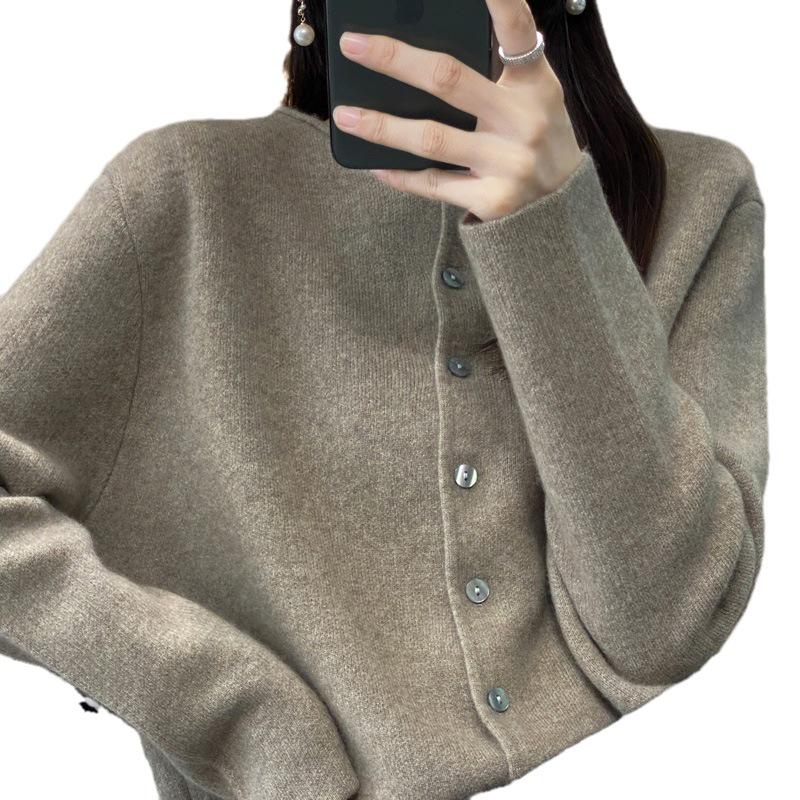 Rolled Edge Cashmere Wool Loose Round Neck Cardigan Sweater: Stylish Slim-Fit Knit for Women in Solid Colors for Spring