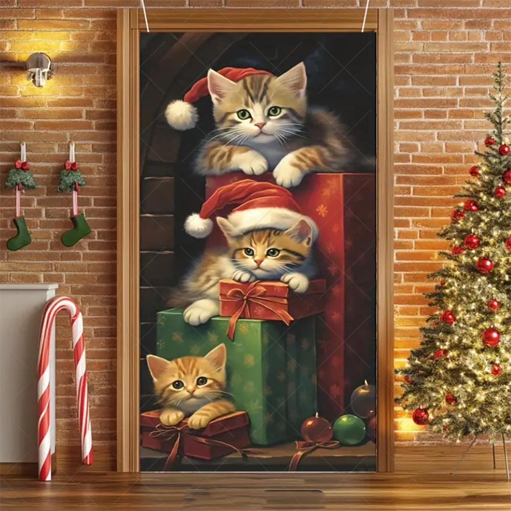 Cartoon Pet New Year Christmas Party Decorations Cat Dog Theme Door Covers Background Supplies Xmas Tree Photography Backdrop