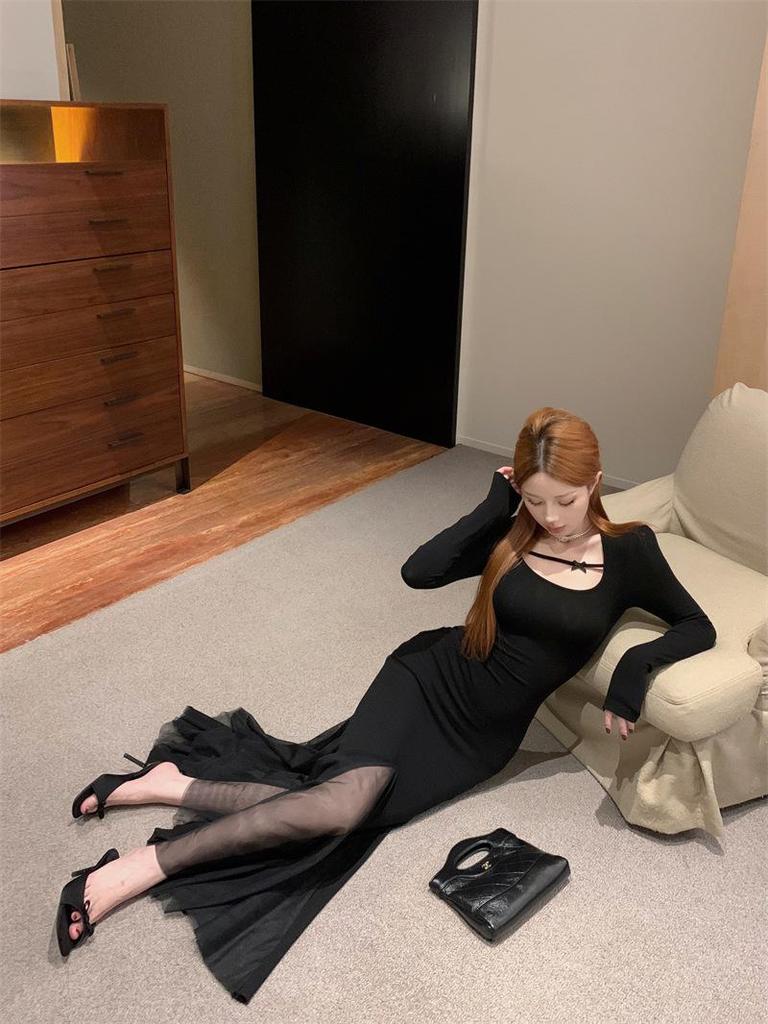 Elegant Plus Size French Style Black Mesh Fishtail Dress with Inner Long Skirt