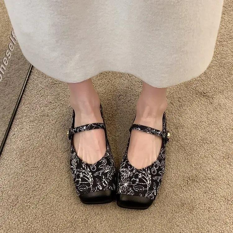 Fashion Ladies Footwear Printing Black Mary Jane With Heel Non Slip Vacation High Quality Fashion Lastest Shoe Y2k 39 Women's Flat Shoes