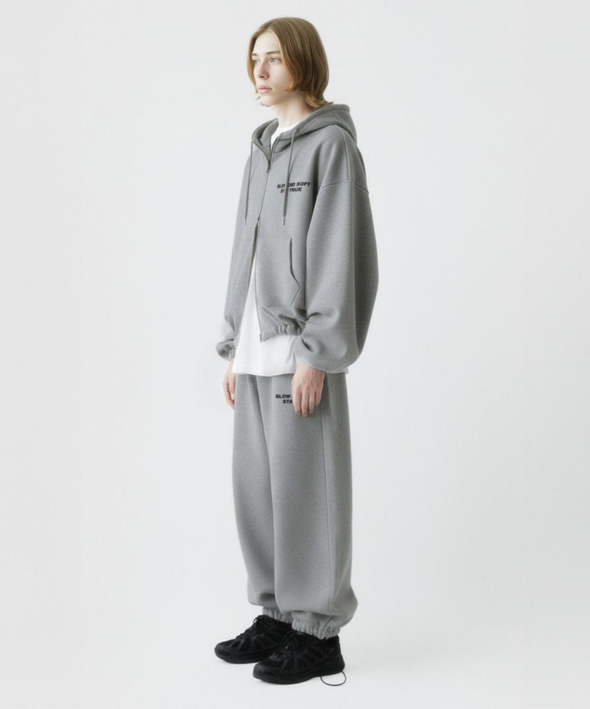 Prinoar [Set] Slow And Soft String Oversized Two-Way Zip-Up Hoodie + One-Pleat String Pants - Melange