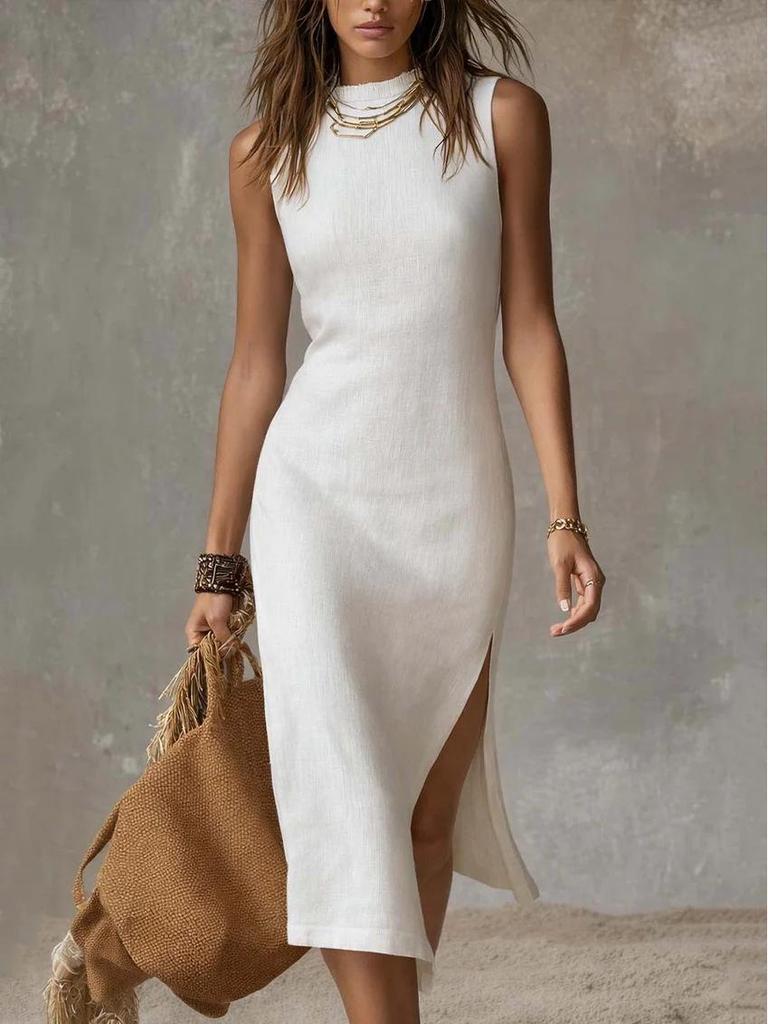2026 European Women's Sleeveless Solid Color Knit Dress with High Slit