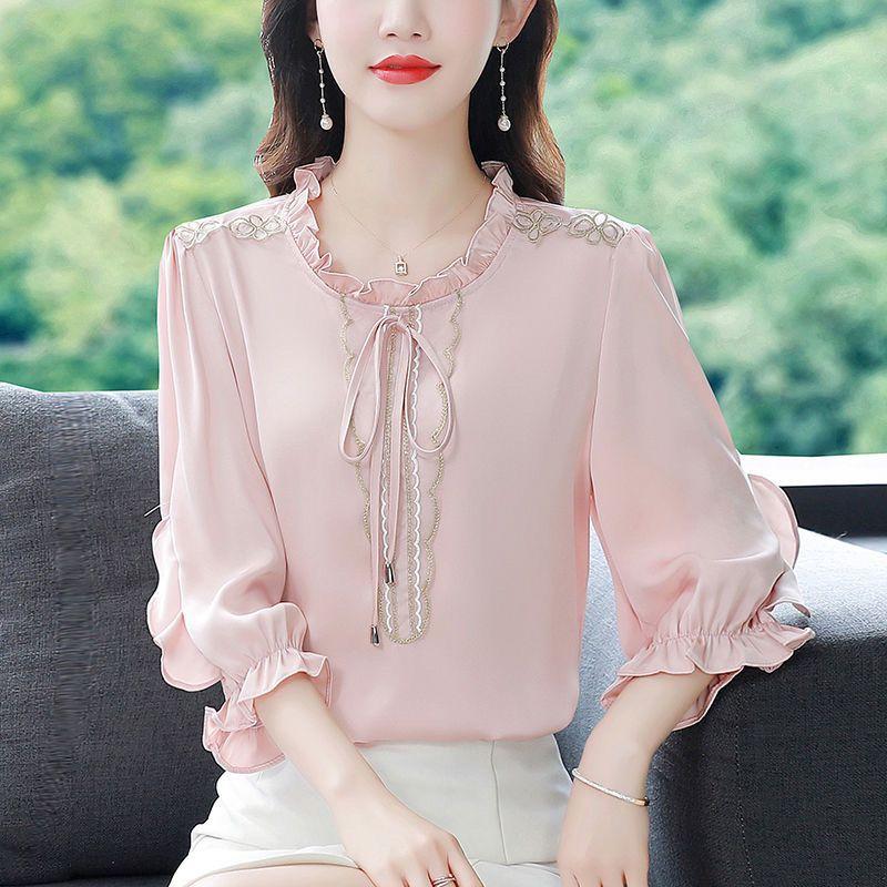 Top alla moda in raso da donna estate colore puro versatile elegante maniche a sette quarti camicetta elegante