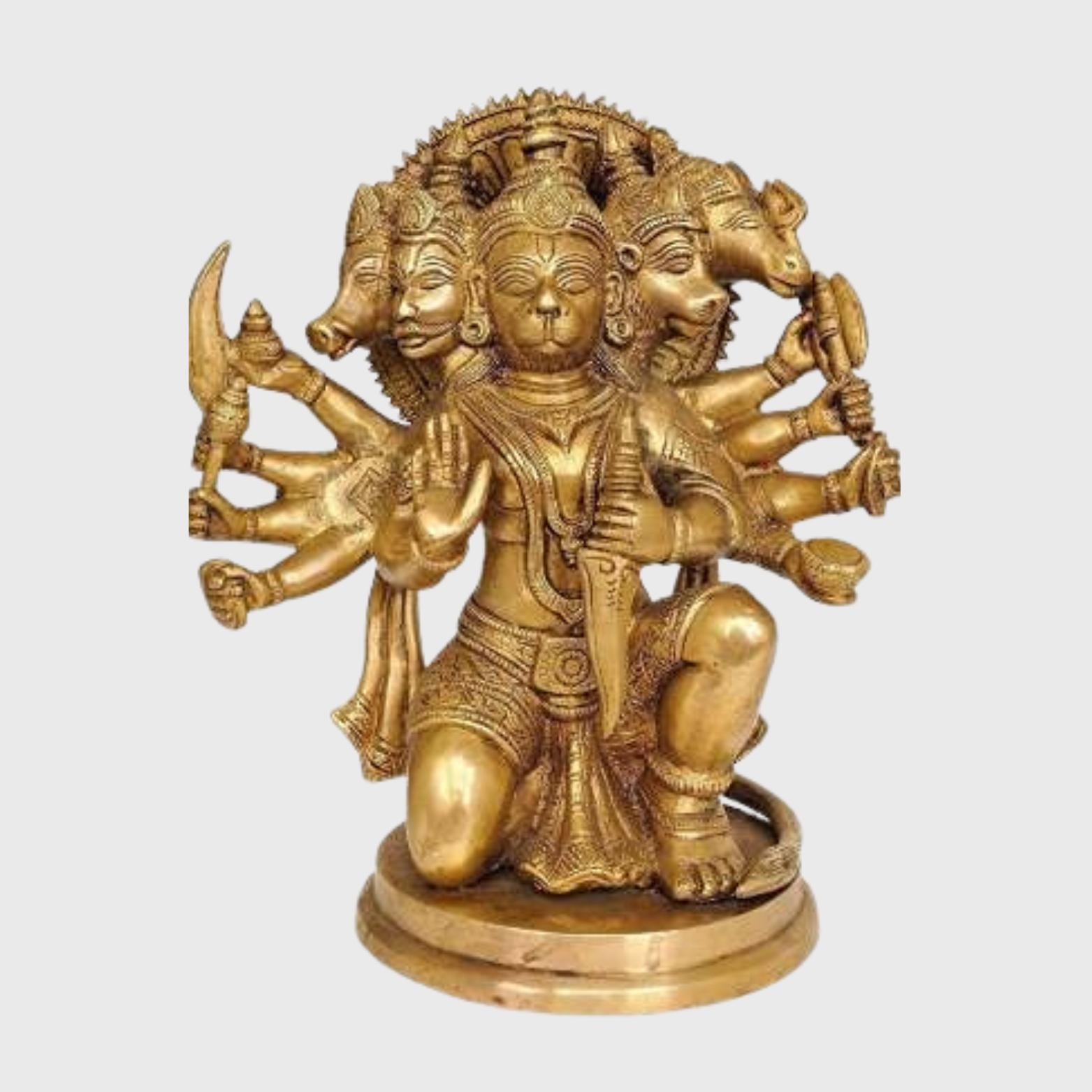 Pure Brass Made Panchmukhi Hanuman Ji Idol, God Hanuman Ji, Gold - 8 Inch