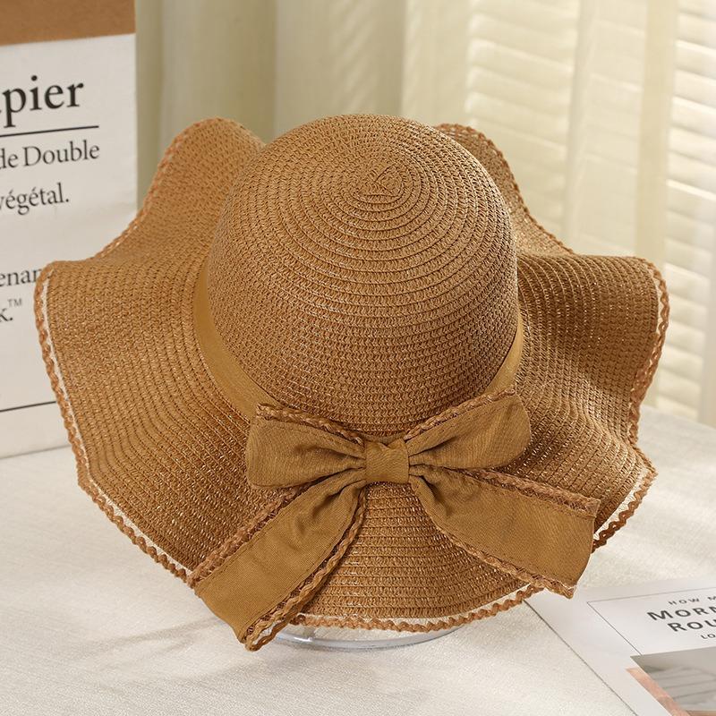 Summer Bow Sun Hat Female, Seaside Beach Vacation Sun Hat Outdoor Big Brim Sun Hat Sweet Straw Hat