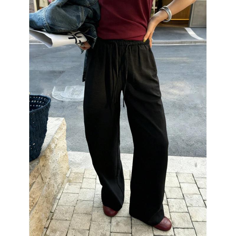 Women Elastic Drawstring High Waist Wide Leg Pants With Pockets Loose Fit Lightweight Casual Trousers For Summer